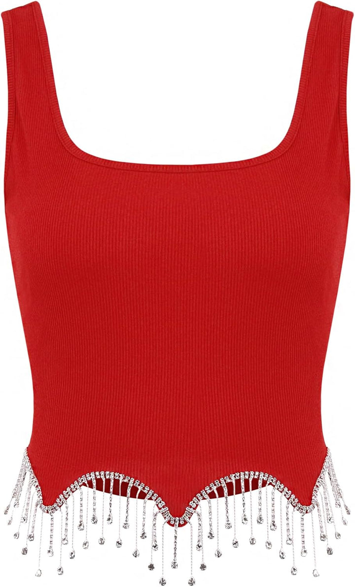Naimo Damen Crop Top mit Strass Fransen Ärmellos Geripptes Tank Top Sexy Weste Slim Fit Cropped Ober