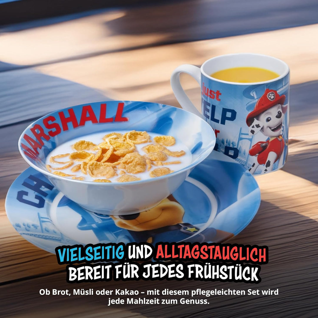 Paw Patrol Frühstücksset für Kinder - Geschirr Set 3-teilig Teller, Schale &amp; Tasse aus Porzellan