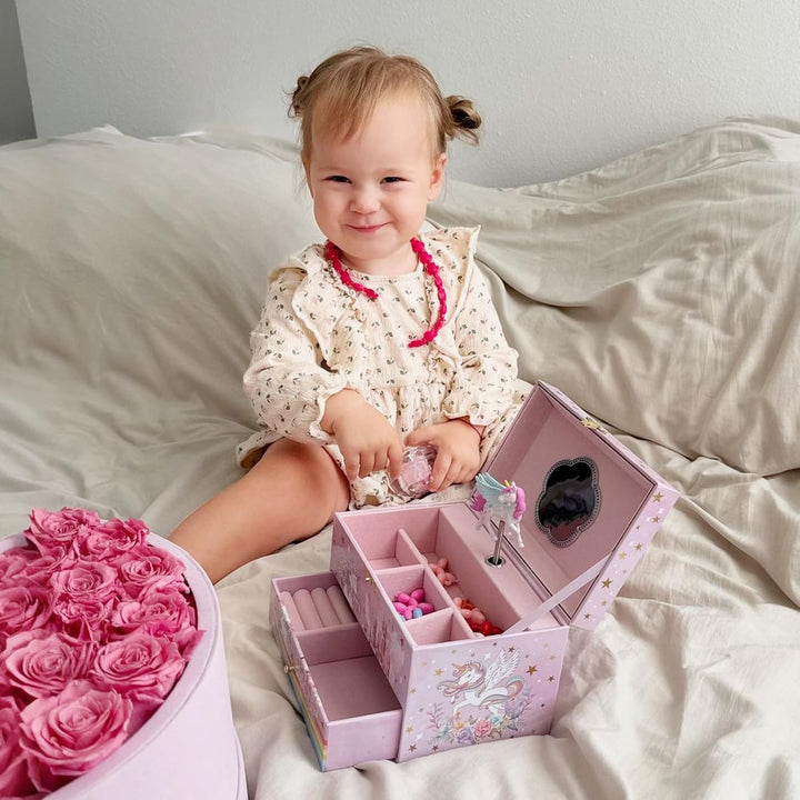 ProCase Kinder Musik Box Schmuckkästchen mit Spieluhr Einhorn &amp; Konservierte Blumen, Schmuckschatull