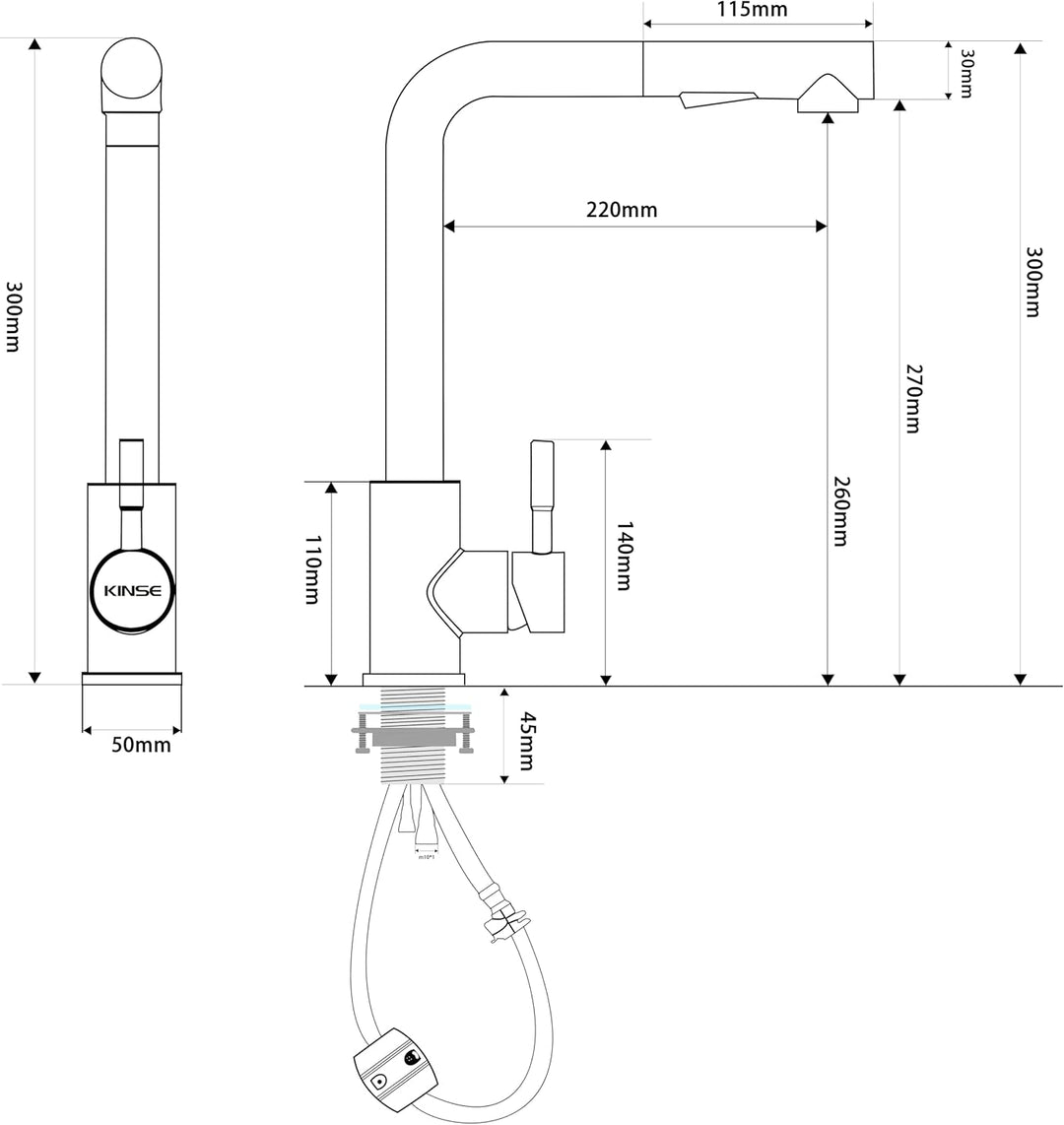 KINSE Küchenarmatur mit ausziehbarer Brause, Edelstahl Spültischarmatur Küche, 2 Strahlarten, 360° s