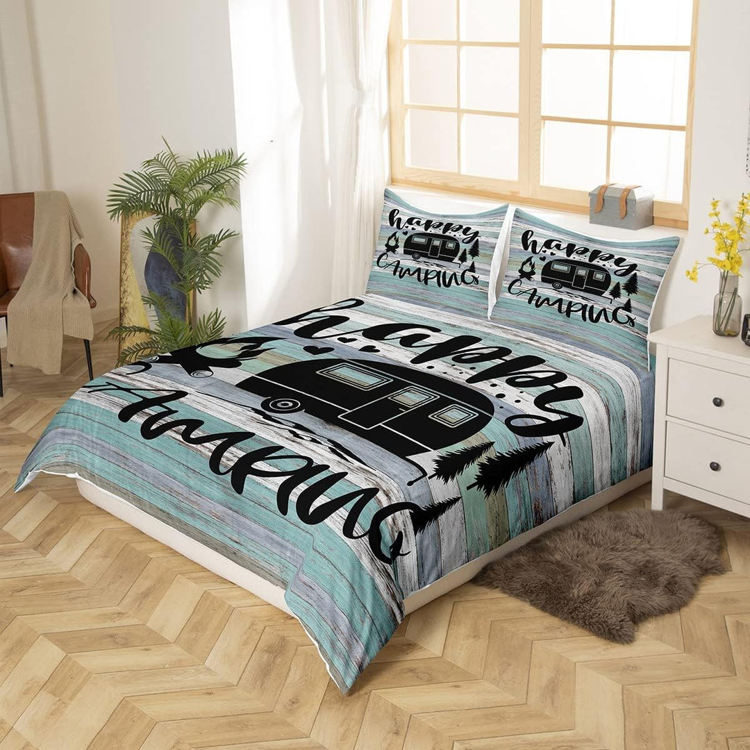 Camper Bettwäsche Set 220 x 240 Teenager Happy Camping Bettbezug rustikaler Bauernhaus Stil Skizzenz