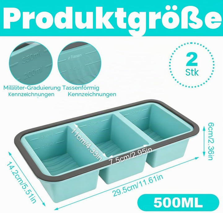 2 Stück Silikon Gefriertablett mit Deckel, 350ml Suppen Einfrieren Behälter mit 3 Fächern, Einfriere