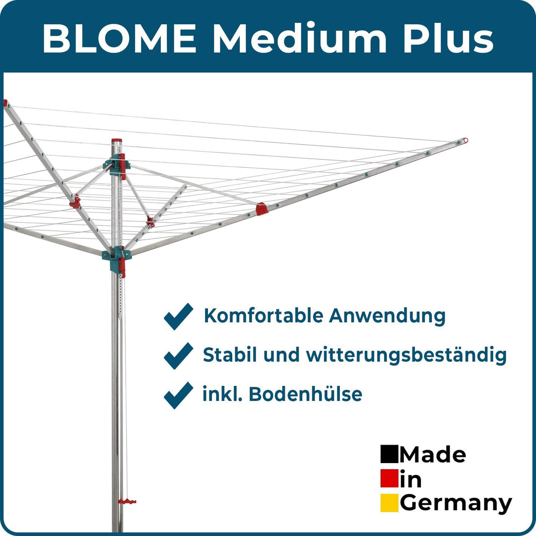 Blome Wäschespinne Standard Medium Plus - Wäscheständer für den Garten inkl. Bodenhülse mit Deckel,
