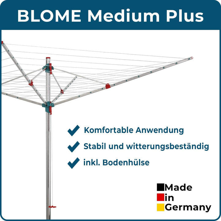 Blome Wäschespinne Standard Medium Plus - Wäscheständer für den Garten inkl. Bodenhülse mit Deckel,