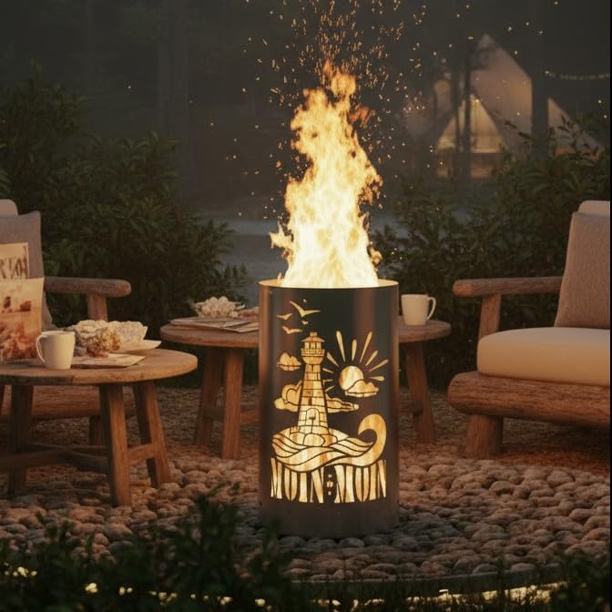 TiKo-Design® Feuertonne - Lagerfeuertonne - Feuerkorb mit Leuchtturm Moin Moin Motiv – Verleihen Sie