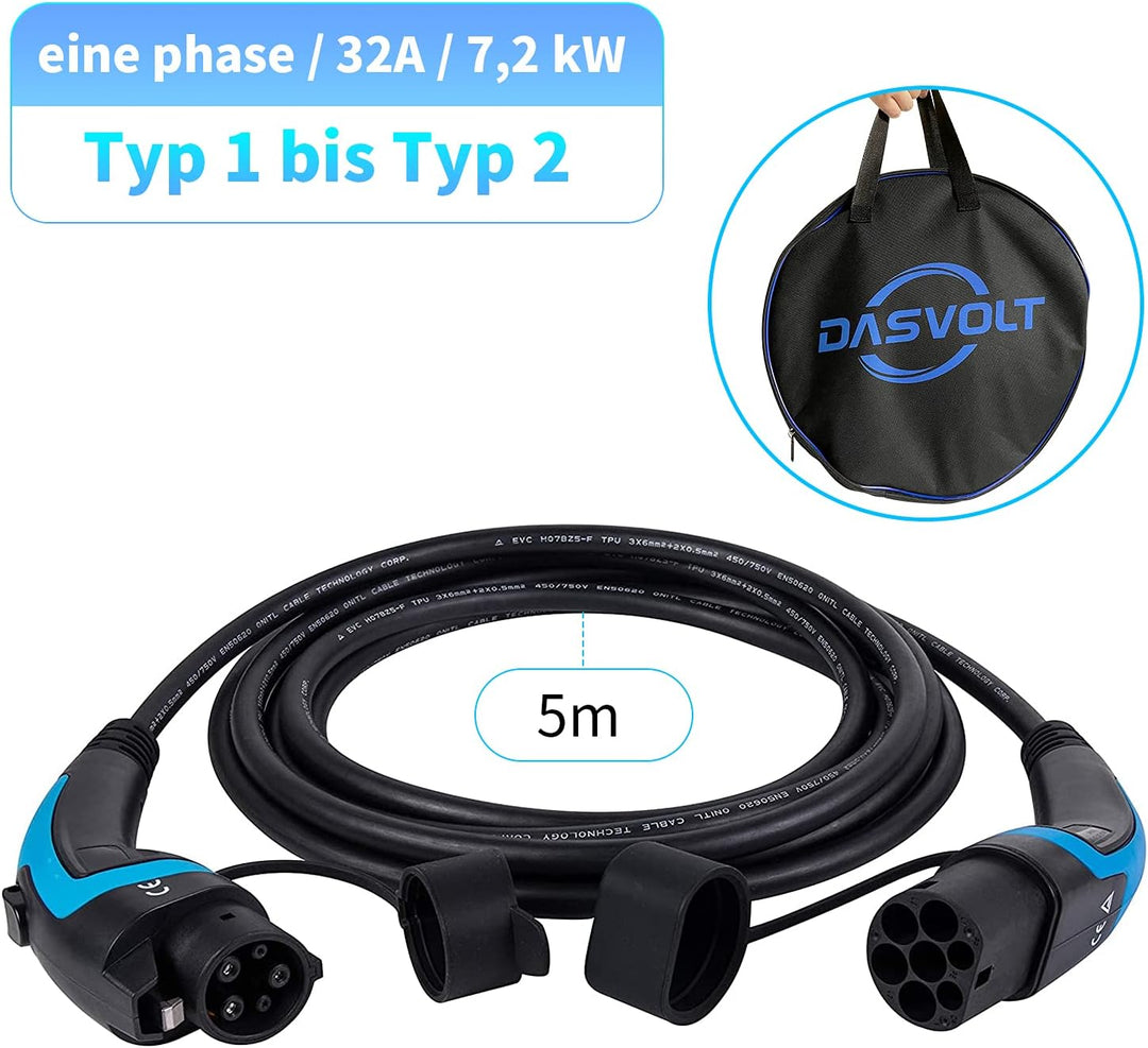 lighteu, DasVolt® EV Ladekabel für Elektroauto und Hybrid PHEV | Typ 1 bis Typ 2 | 32 Ampere (7,2 kW