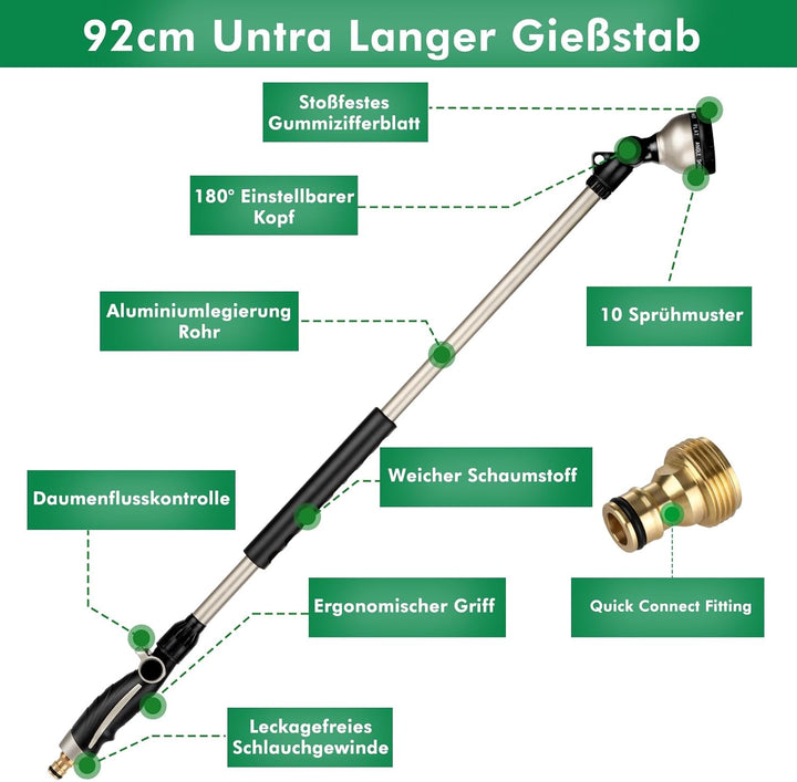 RESTMO 92 cm Untra Langer Giessstab, Gartenbrause Metall mit 180° schwenkbaren Kopf | 10 Sprühmuster
