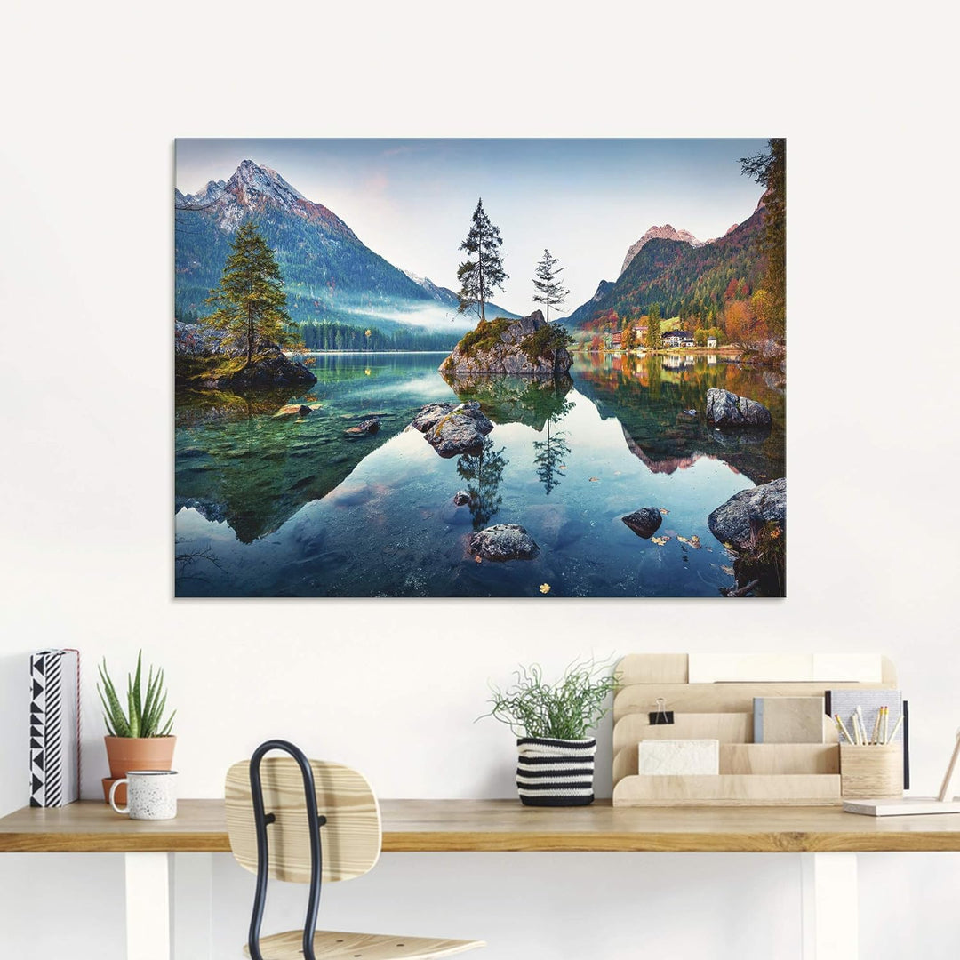 Glasbilder Wandbild Glas Bild einteilig 100x50 cm Querformat Landschaft Alpen Berge See Wald Natur G
