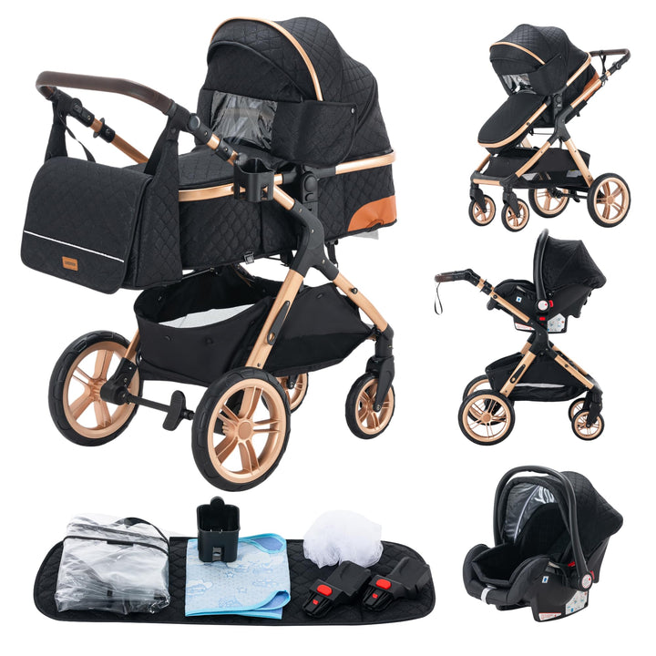 YAZOCO kinderwagen 3 in 1, Zusammenklappbar kinderwagen mit Wickeltasche,Komplettset Becherhalter,Mo