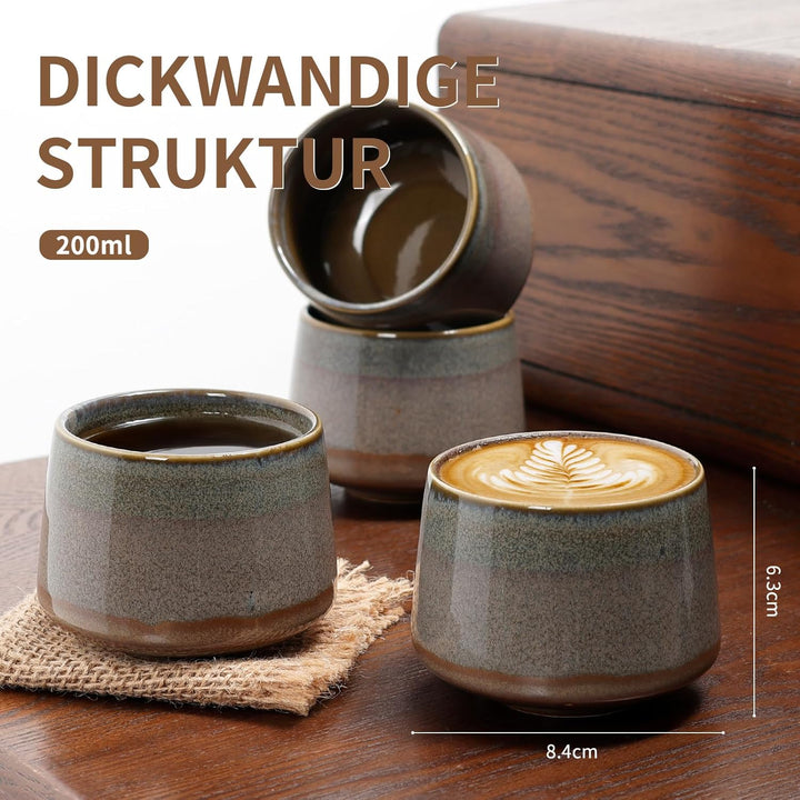 NOVAJOY | Espressotassen Set | 4-teilig | 200 ml | Hochwertige Tassen aus Steingut | Stapelbare Kaff