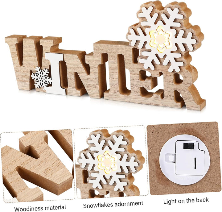 Garneck Holz-Tischdekoration, Winter-Holzschild, LED-Schneeflocke, Mittelstück, freistehend, Holzsch