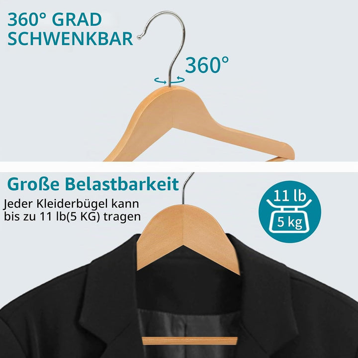 ABHENG 30 Stück Kleiderbügel aus Holz, 360° drehbarer Haken, Anzugshänger mit rutschfesten Kerben, K