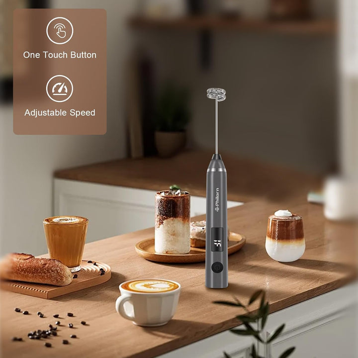Philorn Elektrischer Milchaufschäumer Stab USB-C aufladbar mit LCD-Batterieanzeige -2 Aufsätzen, 3 S