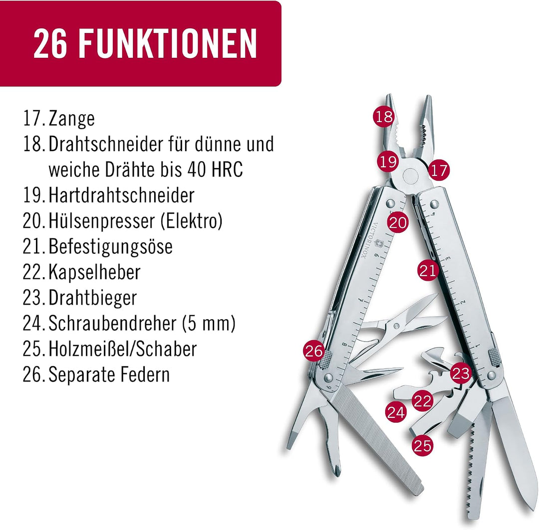 Victorinox Multifunktionstool, SwissTool, Multitool Messer, 26 Funktionen, Kombi-Spitzzange, Festste