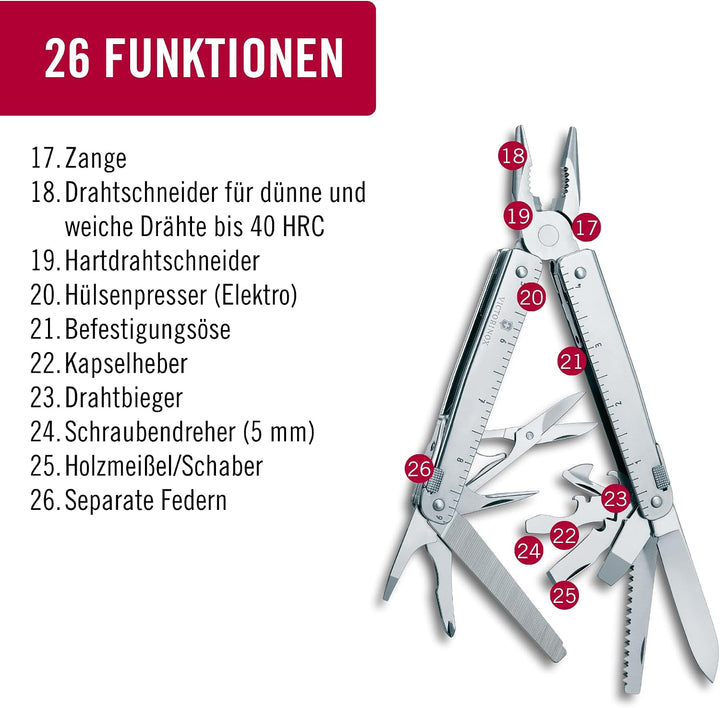 Victorinox Multifunktionstool, SwissTool, Multitool Messer, 26 Funktionen, Kombi-Spitzzange, Festste
