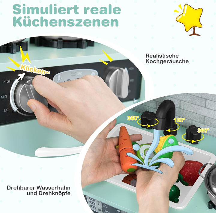 COSTWAY Kinderküche inkl. Zubehör, Spielküche Holz mit Tafel &amp; Mikrowelle &amp; Eismaschine, Spielzeugkü