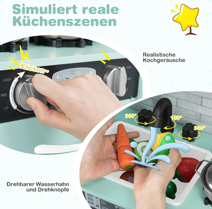 COSTWAY Kinderküche inkl. Zubehör, Spielküche Holz mit Tafel & Mikrowelle & Eismaschine, Spielzeugkü