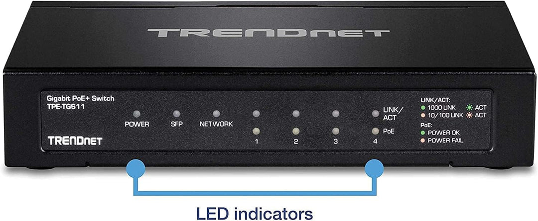 TRENDnet TPE-TG611 6-Port-Gigabit-Poe+-Switch, 4 Gigabit-Poe+-Ports, 1 Gigabit-Port, 1 SFP-Steckplat