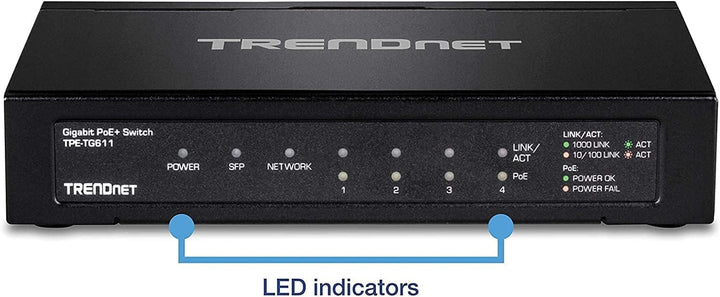 TRENDnet TPE-TG611 6-Port-Gigabit-Poe+-Switch, 4 Gigabit-Poe+-Ports, 1 Gigabit-Port, 1 SFP-Steckplat