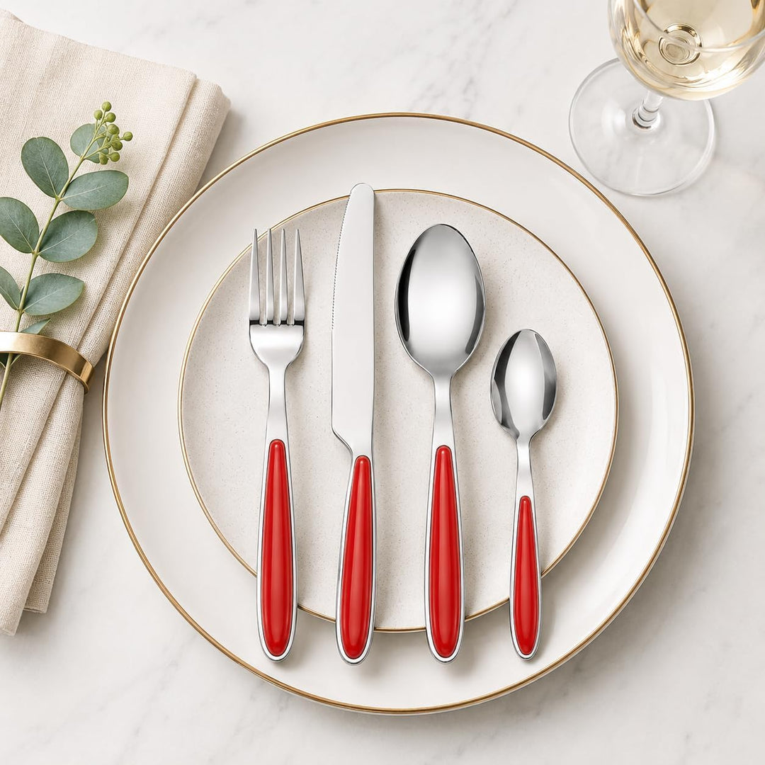 EXZACT Rostfrei Stahl Besteck Set einem Plastikhalter 24 PCS - Farbige Griffe - 6 Gabeln, 6 Messer,
