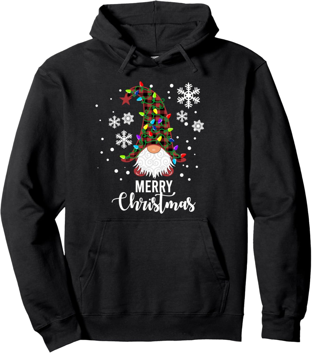 Gnomes Buffalo Plaid Snowflakes Santa Lights Pullover Hoodie