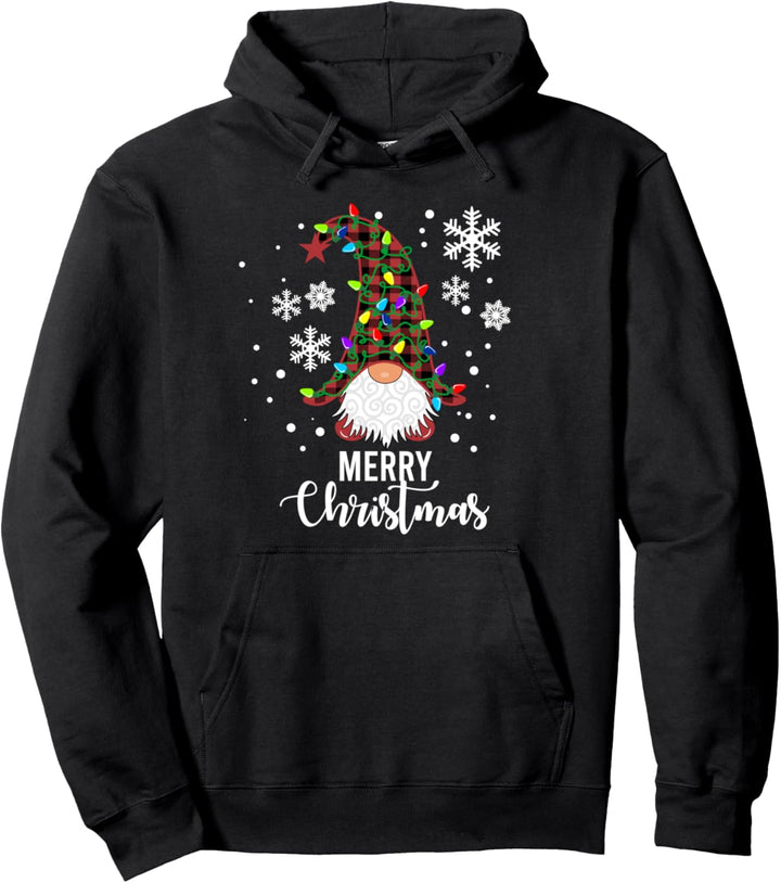 Gnomes Buffalo Plaid Snowflakes Santa Lights Pullover Hoodie