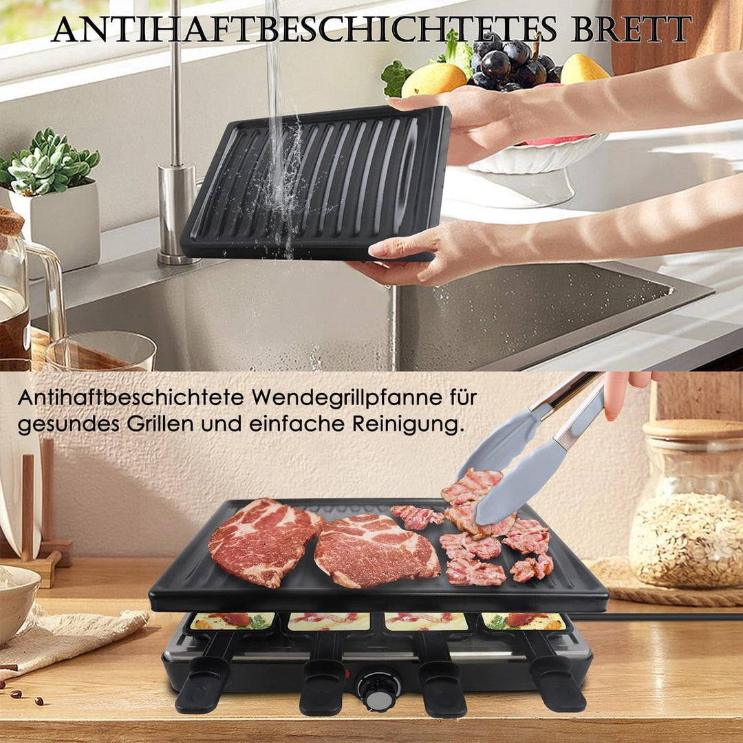 FIVMEN Raclette 8 Personen Raclette Grill 1400W mit 8 Pfännchen, 2 Granitplatte & Antihaftplatte Ele