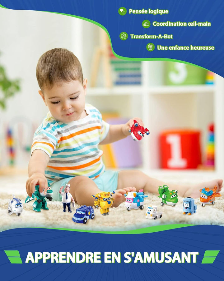 Super Wings World Airport Crew Verwandlungsroboter-Set, 8 Transformationsroboter und 7 PVC-Figuren,