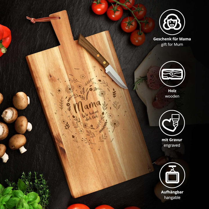 Holz Schneidebrett mit Griff für Mama, Frühstücksbrettchen mit Blumenherz Gravur, Geschenk für Mama