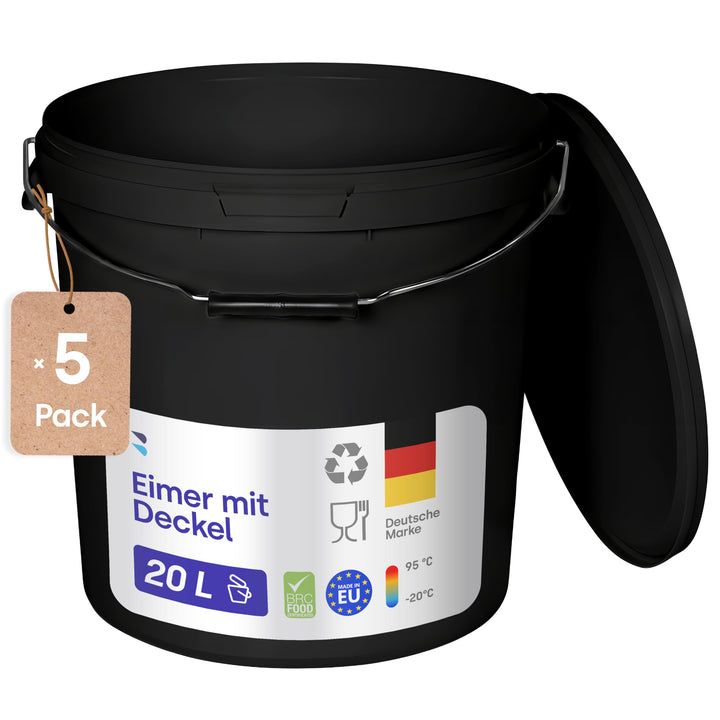 BenBow Eimer mit Deckel 20l schwarz 5X 20 Liter - lebensmittelecht, stabil, luftdicht, auslaufsicher