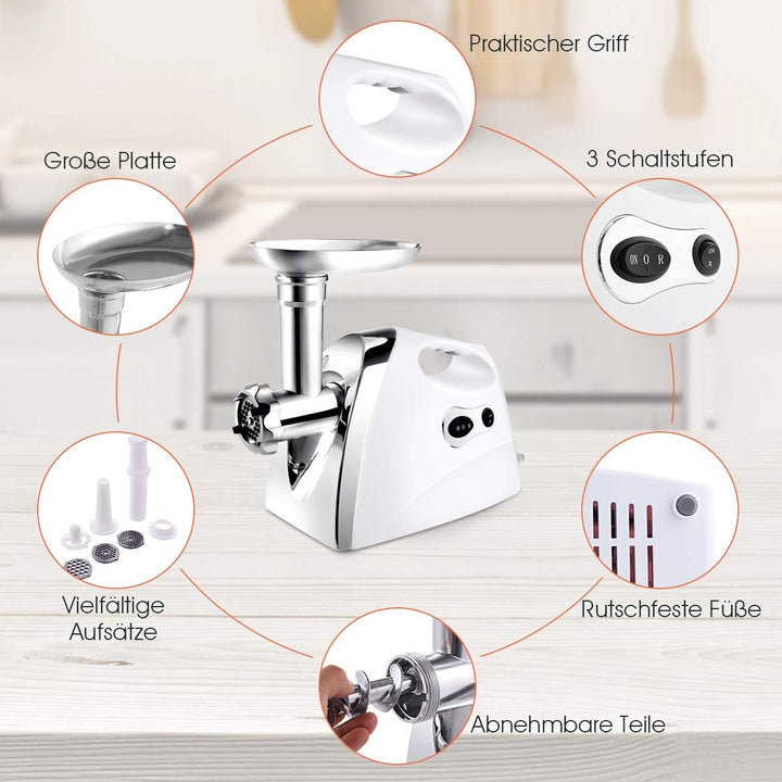 COSTWAY Elektrischer Fleischwolf Wurstmaschine Wurstfüller mit Wurstaufsatz / 1200W / Metallgetriebe