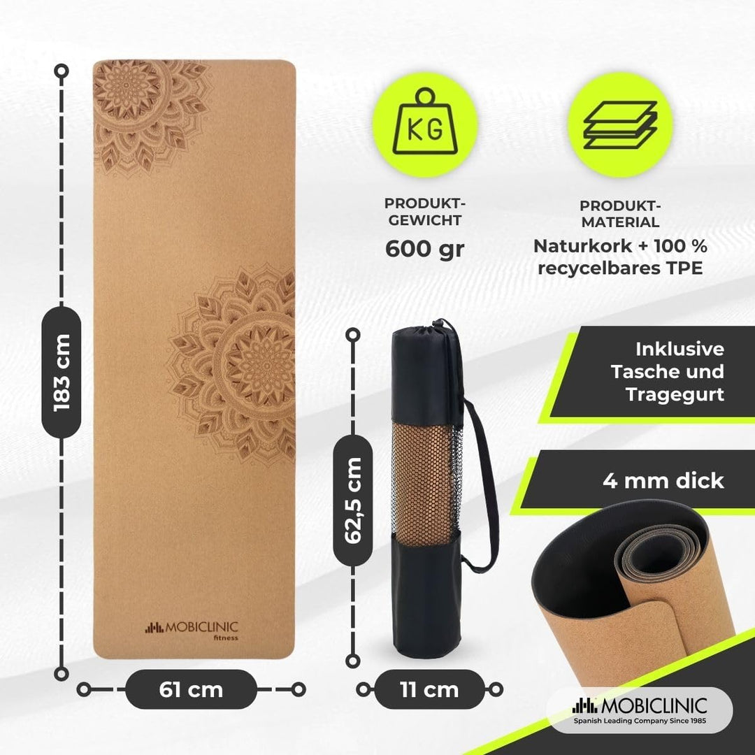 Mobiclinic®, Yogamatte naturkork, Rutschfest, Tragetasche, Antimikrobiell, 4mm dick, 100% recycelbar