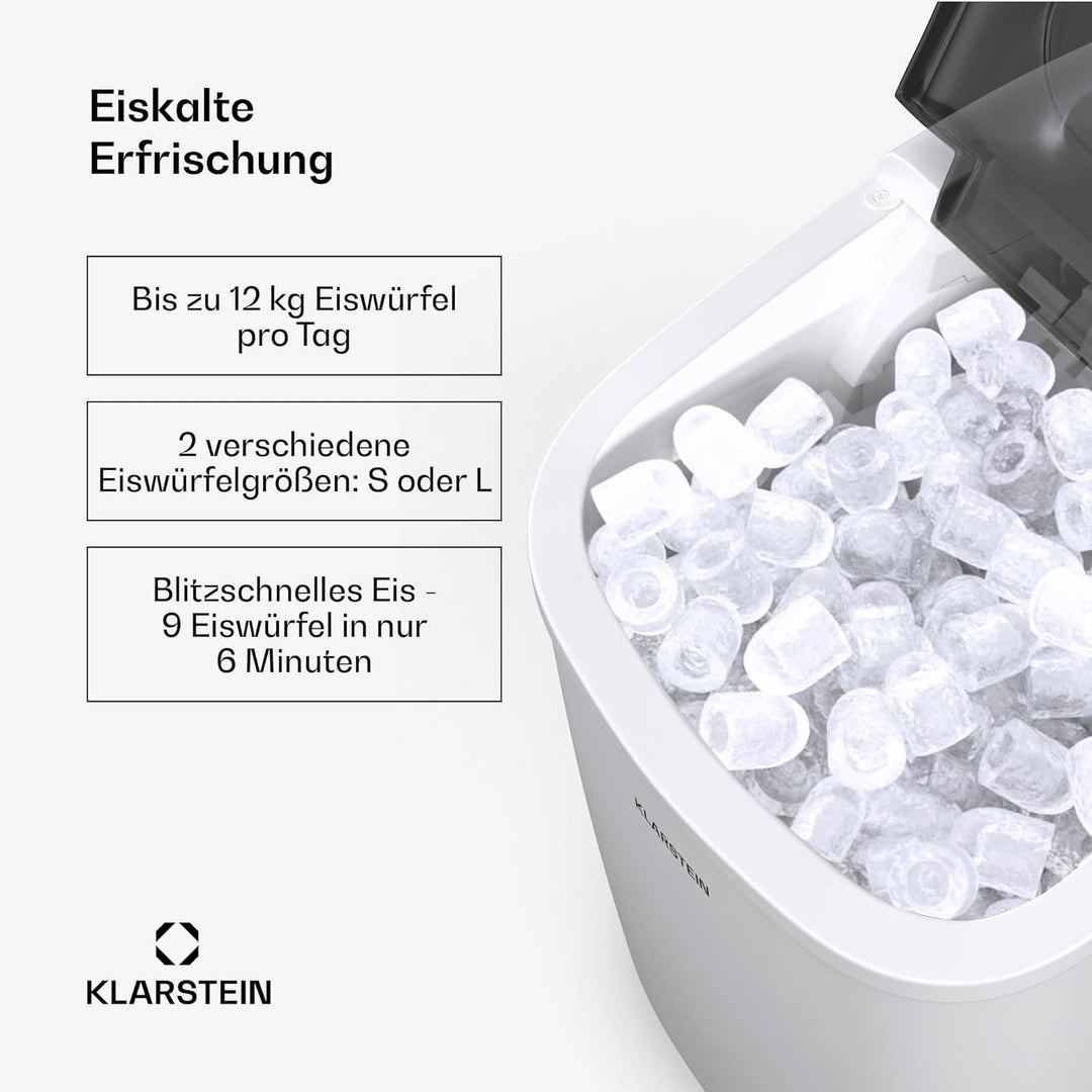 Klarstein Eiswürfelmaschine - 12kg/24h, 2 Grössen, 1,3L Wassertank, LED-Anzeigen, transparenter Deck