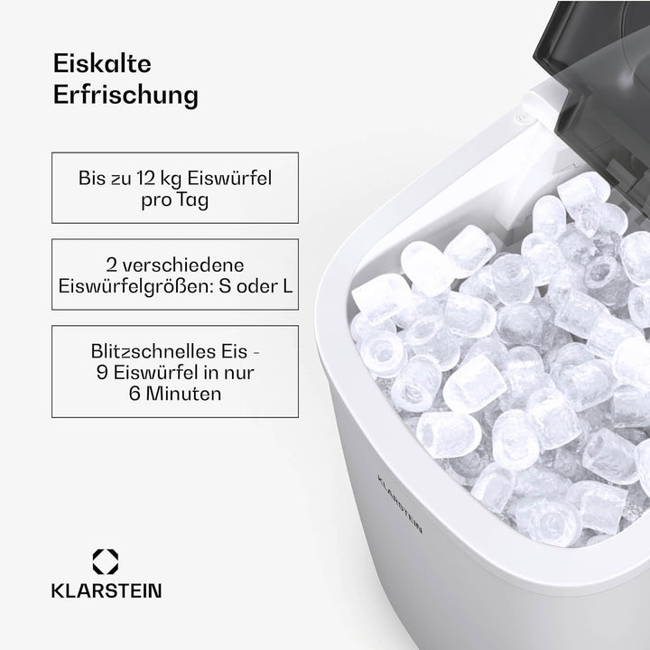 Klarstein Eiswürfelmaschine - 12kg/24h, 2 Grössen, 1,3L Wassertank, LED-Anzeigen, transparenter Deck