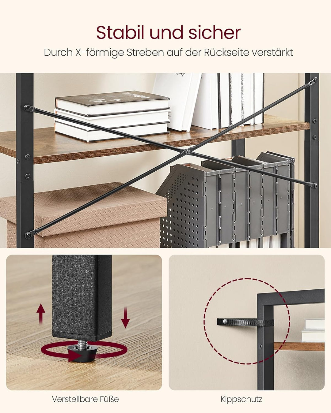 VASAGLE Regal, Bücherregal, Standregal, DVD-Regal, mit 5 Ebenen, Büroregal, offene Ablagen, für Büro