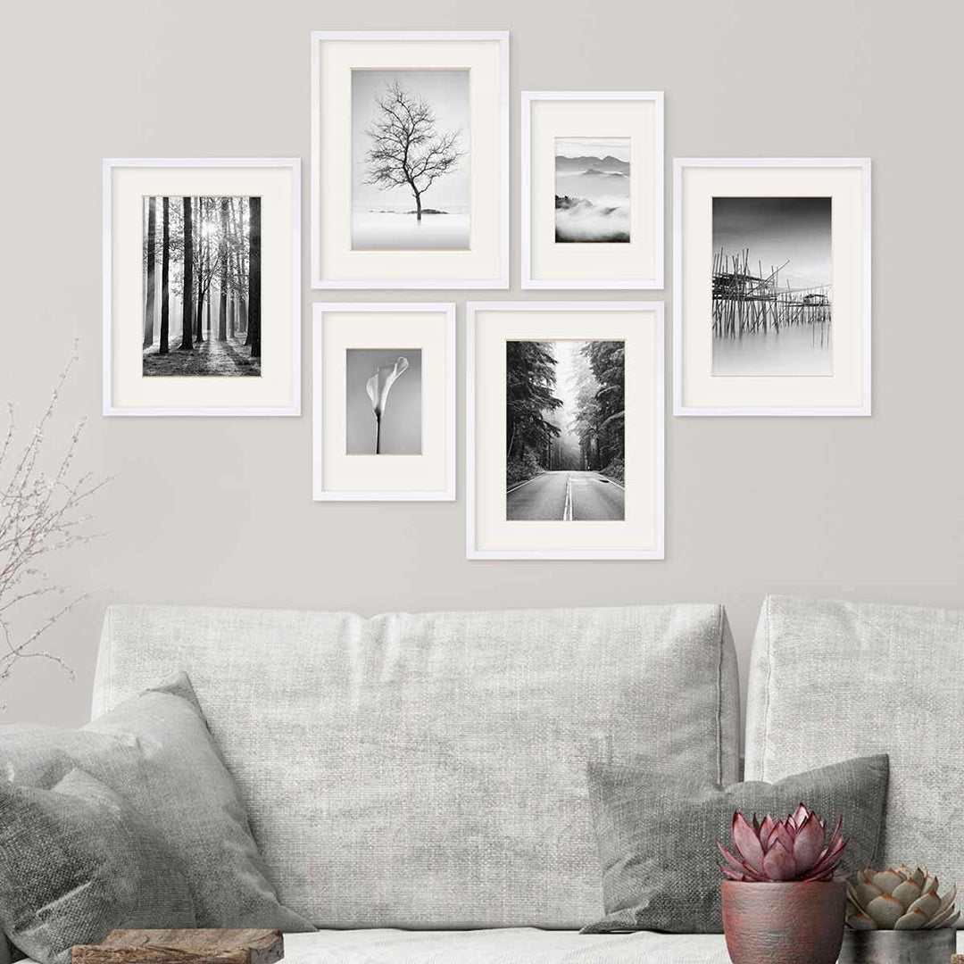 PHOTOLINI weisse Bilderrahmen Set verschiedene Grössen, 6 MDF Holz Bilderrahmen mit Passepartout, Bi