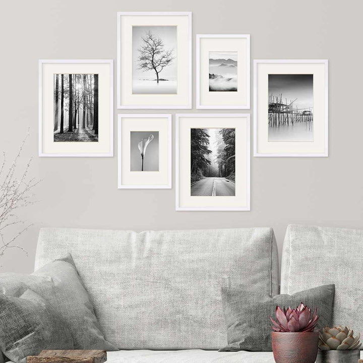 PHOTOLINI weisse Bilderrahmen Set verschiedene Grössen, 6 MDF Holz Bilderrahmen mit Passepartout, Bi