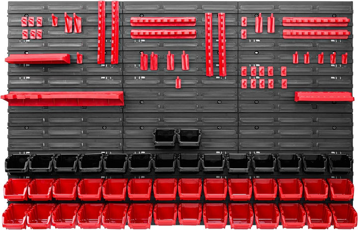 Lagersystem Werkstattregal | 117 x 78 cm | 44 stck. Box | Wandregal mit Werkzeughalterungen und Stap