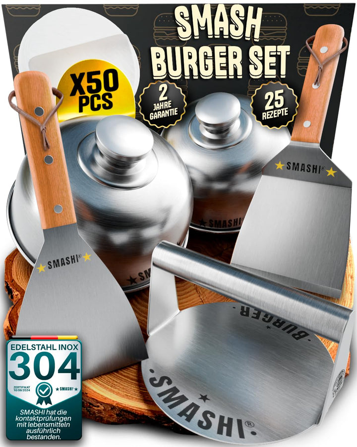 SMASHI® Smash Burger Set mit Holzgriffen – Grillzubehör aus Edelstahl 304 Burgerpresse, 2 Spachteln