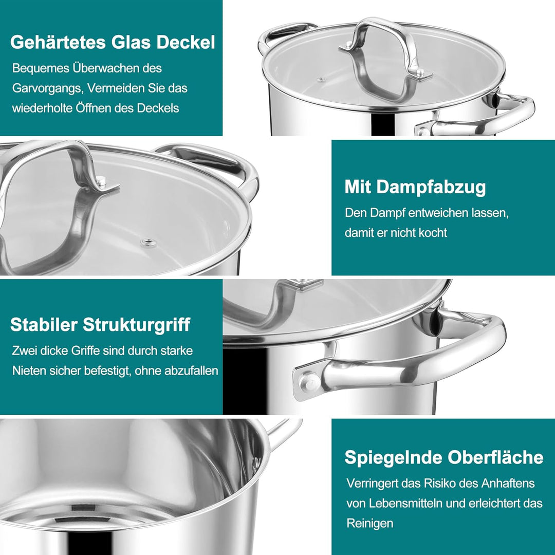 Homikit Kochtopf 20cm Gross, Edeastahl Topf Nudeltopf Induktion mit Glasdeckel, 3,8L Suppentopf Flei