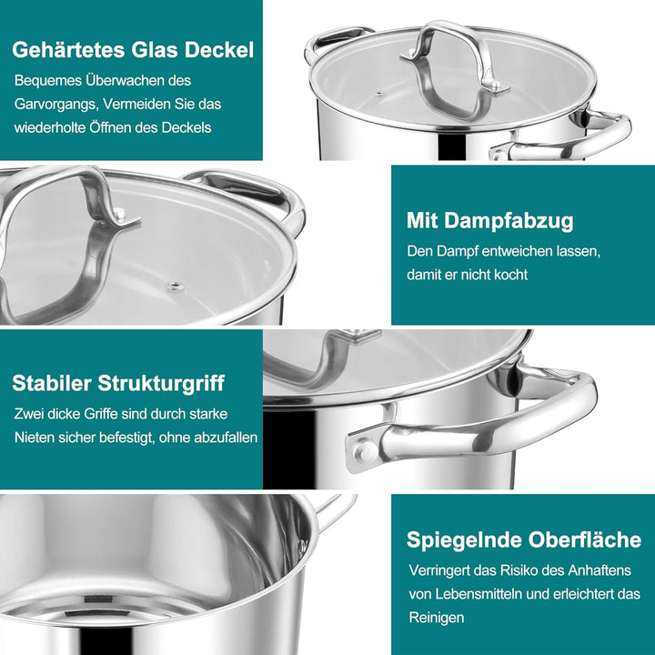 Homikit Kochtopf 20cm Gross, Edeastahl Topf Nudeltopf Induktion mit Glasdeckel, 3,8L Suppentopf Flei