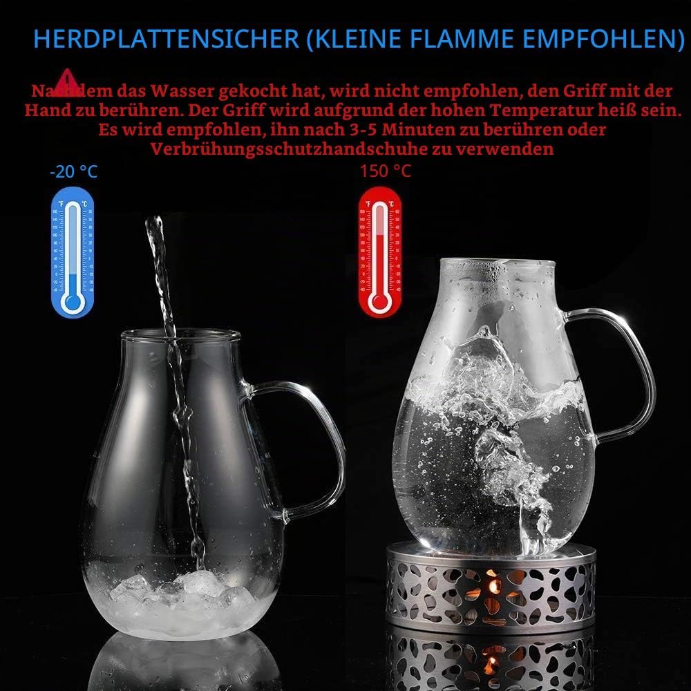 Ehugos Glaskaraffe Wasserkrug aus Borosilikatglas Wasserkaraffe mit Edelstahl Deckel Glaskrug (2L),