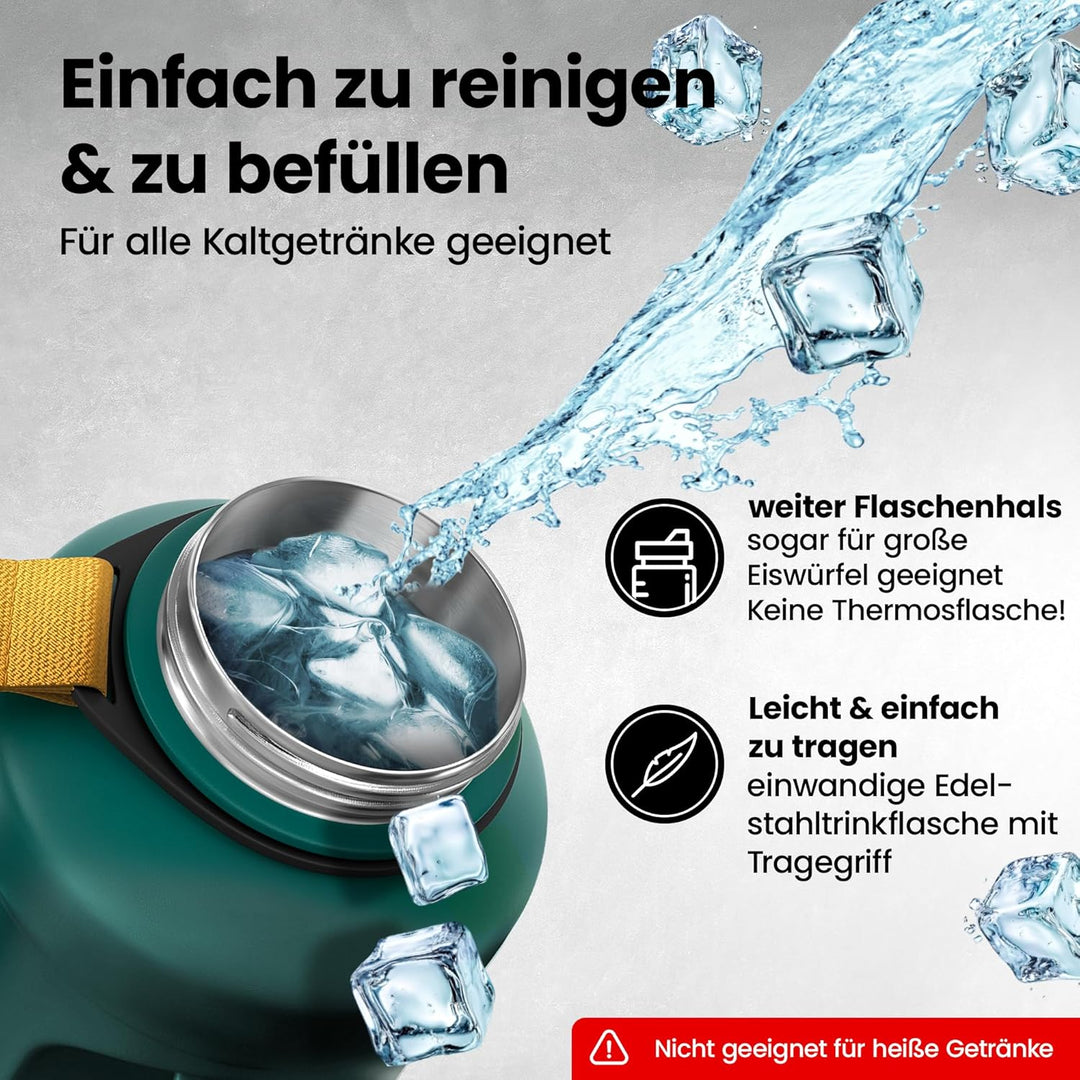 BeMaxx Trinkflasche Edelstahl ACTIVE FLASK + Strohhalm (3 Deckel) | Grosse 1,3 Liter Sportflasche BP