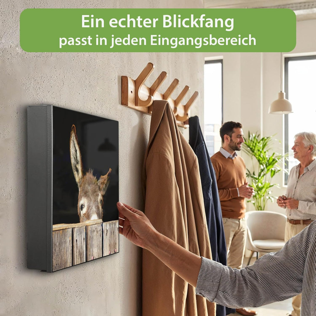 banjado® Grosser Schlüsselkasten Glas/Schlüsselbox 30cm x 30cm mit 50 Haken - Motiv Esel/Schlüsselka