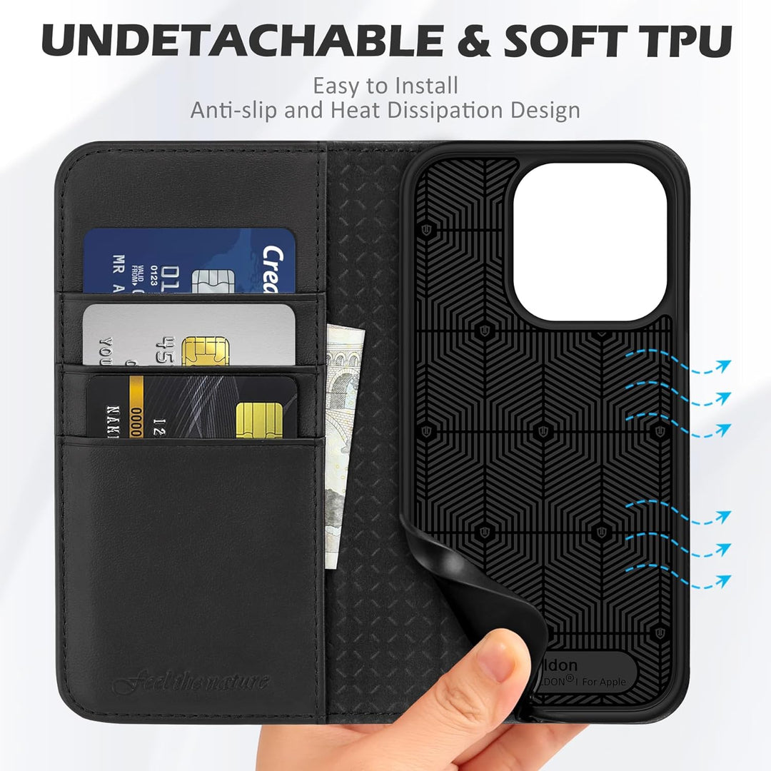 SHIELDON Hülle für iPhone 15 Pro 5G, Handyhülle [Echtleder] [Kartenfach] [Magnet] [Standfunktion] [R
