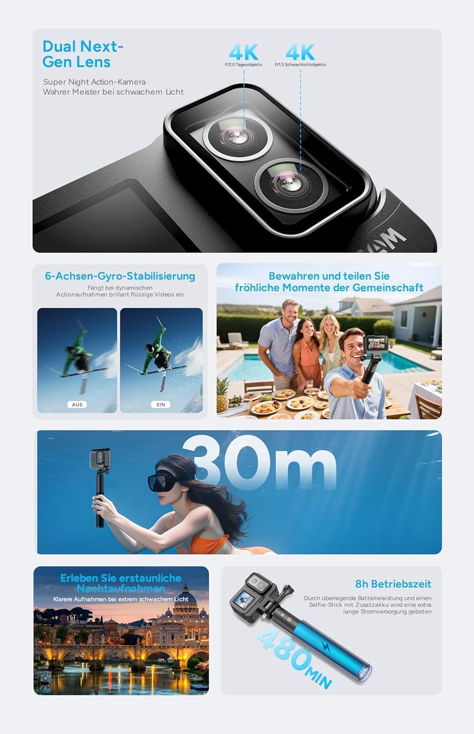 SJCAM SJ20 Action Kamera 4K – Dual-Lens Sportkamera mit 8H Selfie-Stick, Supernachtmodus, HDR, 8X Zo