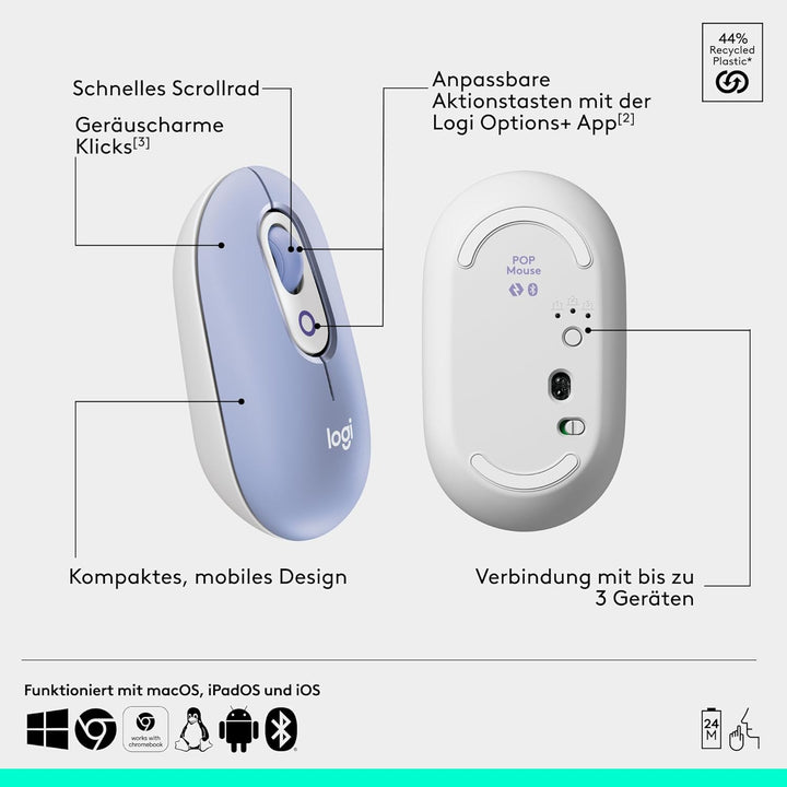 Logitech POP Mouse, kompakte und Mobile kabellose Bluetooth-Maus mit programmierbaren Tasten und lei