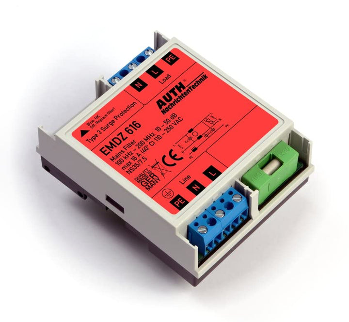 AUTH Breitband-Netzfilter für Hutschiene (16 A, 100 k - 100 MHz mit Überspannungsschutz), 16 A, 100