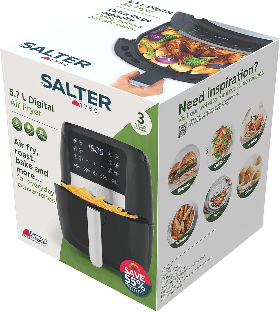 Salter EK6179VDE Digitale Heissluftfritteuse – 5,7 l ölfreie Fritteuse, 12 Kochfunktionen, wenig ode