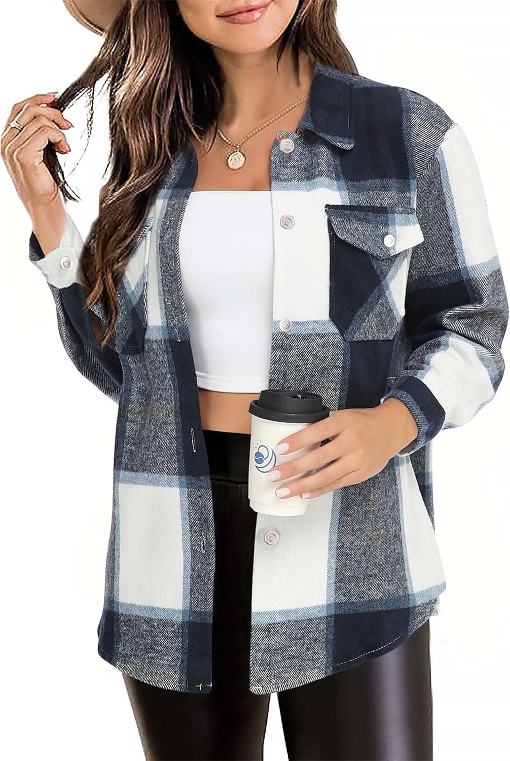 Timuspo Damen Flanell Karierte Hemdjacke Lange Ärmel Baumwolle Revers Button-Down-Bluse Shacket Mant